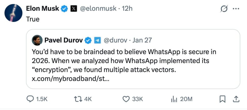 Pavel Durov, nhà sáng lập kiêm CEO Telegram – công khai chỉ trích WhatsApp, Elon Musk repost "True"缩略图 Thích